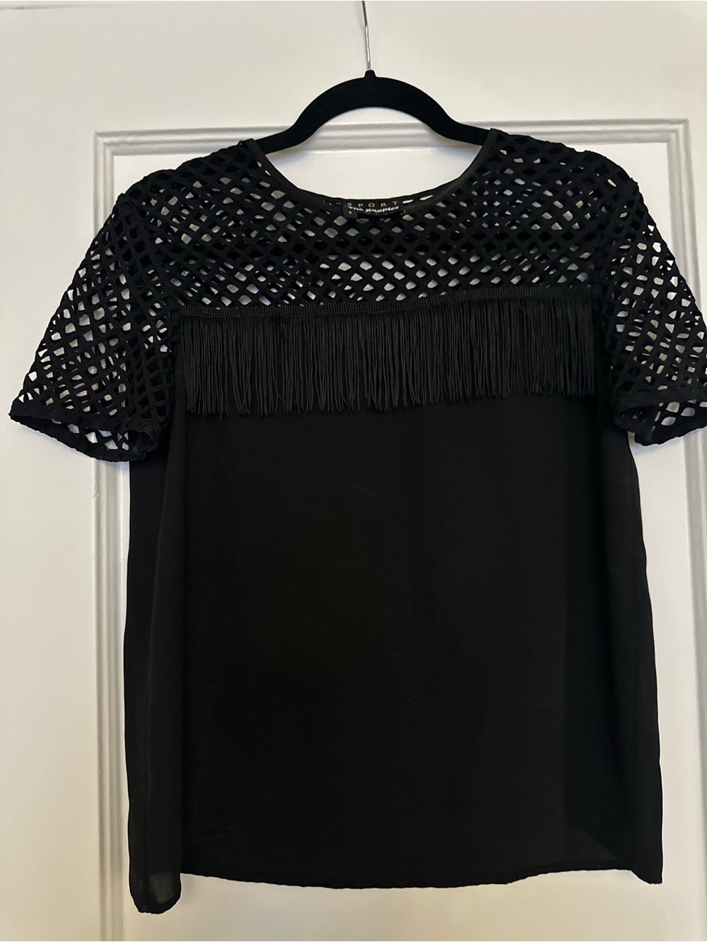 The Kooples Black Fringe & Lattice Short Sleeve Top